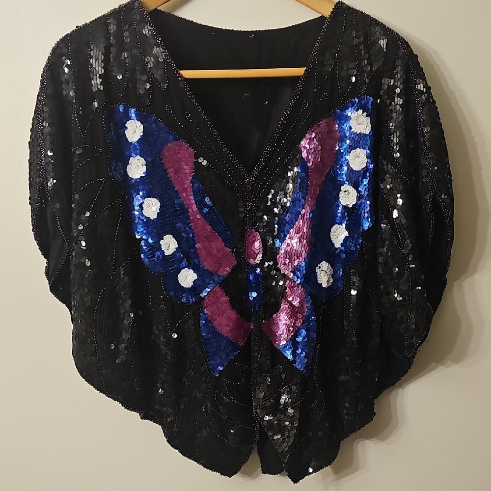 80s Vintage Sho Max Sequin Butterfly Silk Crop Top